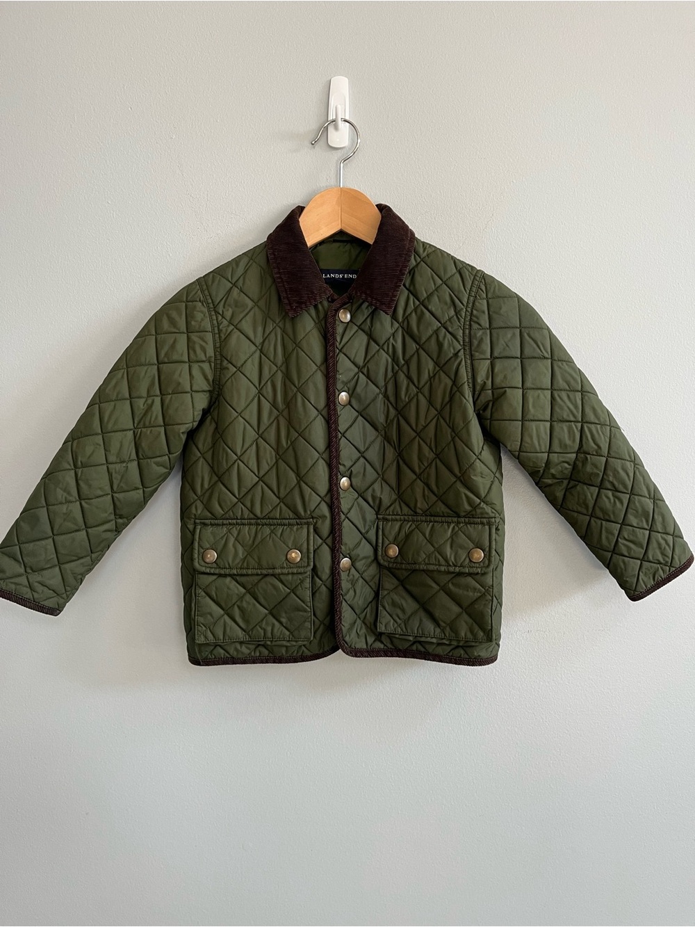 Lands’ End Youth Quilted Chore Coat Size 5-6 Corduroy Elbow Patches Collar Green